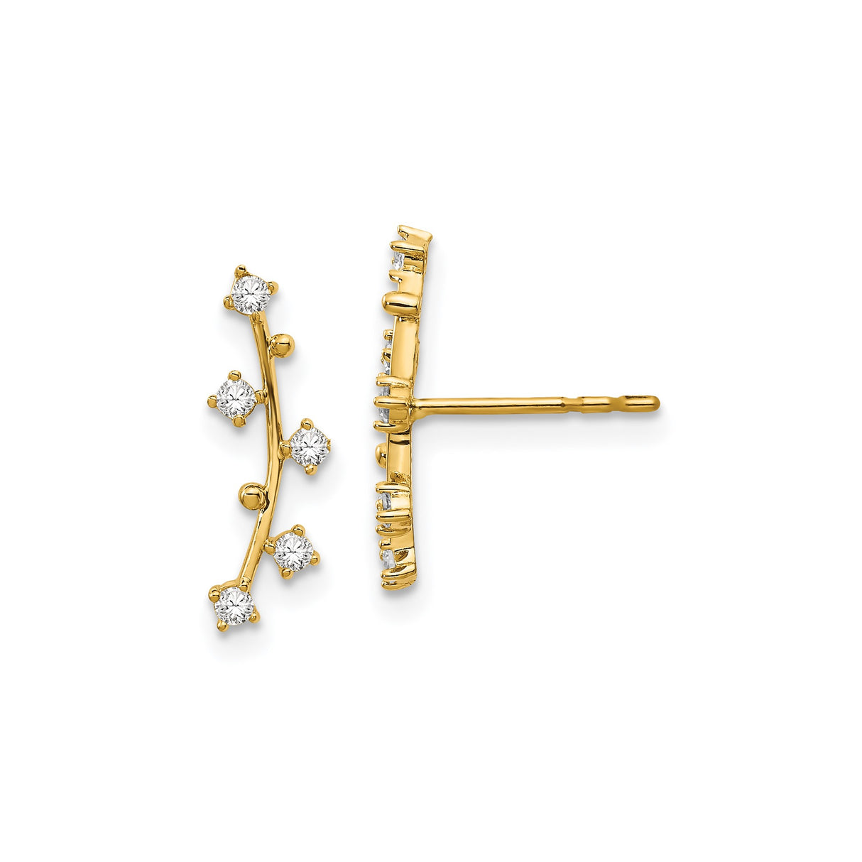 14k Yellow Gold Ear Climbers with Cubic Zirconia, Curved Vine Design for Women