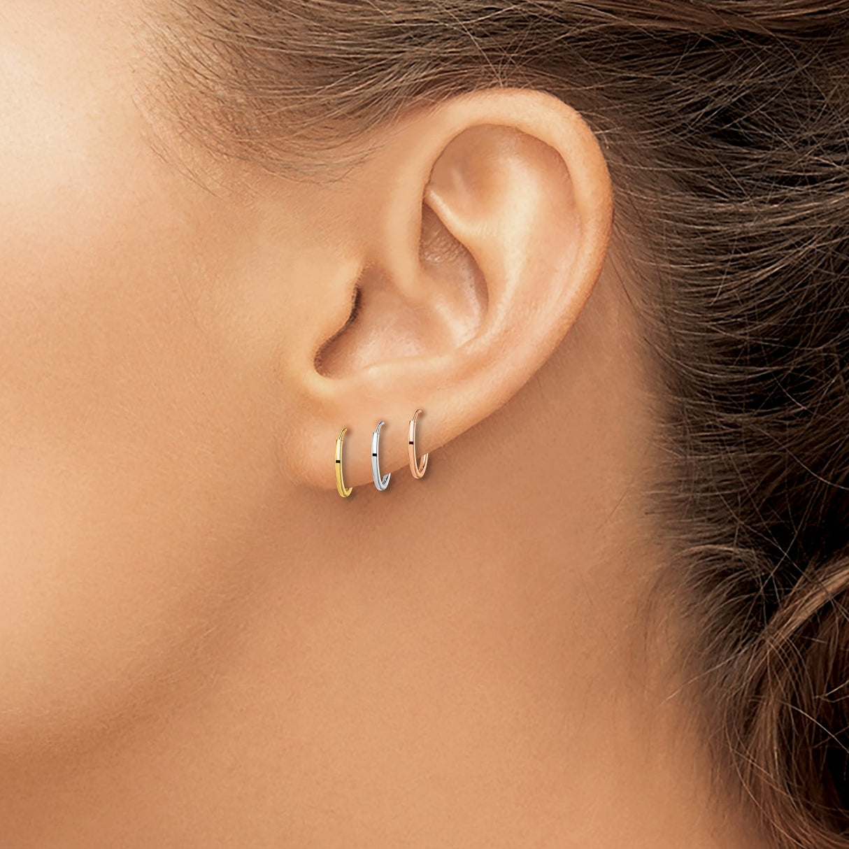 14k Tri Color Gold Hoop Earrings, Small Yellow, White, and Rose Gold, Sleek Minimalist Unisex Style