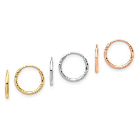 14k Tri Color Gold Hoop Earrings, Small Yellow, White, and Rose Gold, Sleek Minimalist Unisex Style