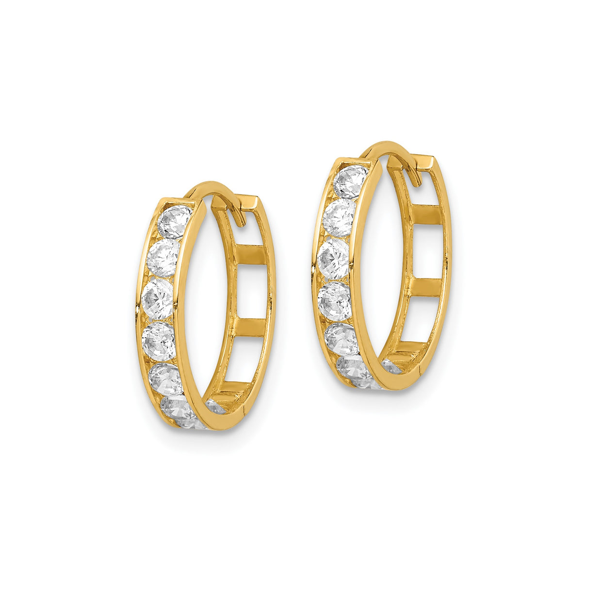 14k Yellow Gold Hoop Earrings with Round Cut Clear Gemstones, Channel Set Hinged Design