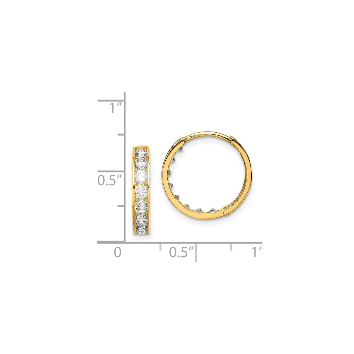 14k Yellow Gold Hoop Earrings with Round Cut Clear Gemstones, Channel Set Hinged Design