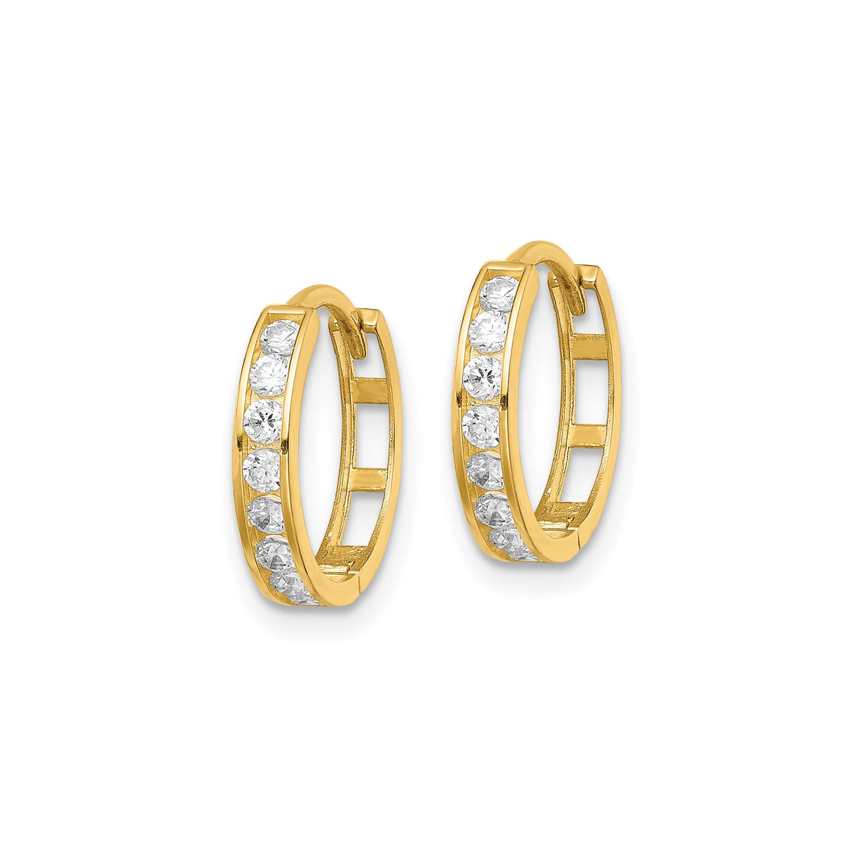 14k Yellow Gold Hoop Earrings with Round Cut Cubic Zirconia, Channel Set Polished Style
