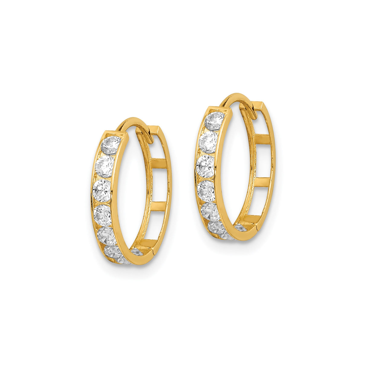 14k Yellow Gold Hoop Earrings, Channel Set with Clear Round Cut Stones, Hinged Closure, Medium Size