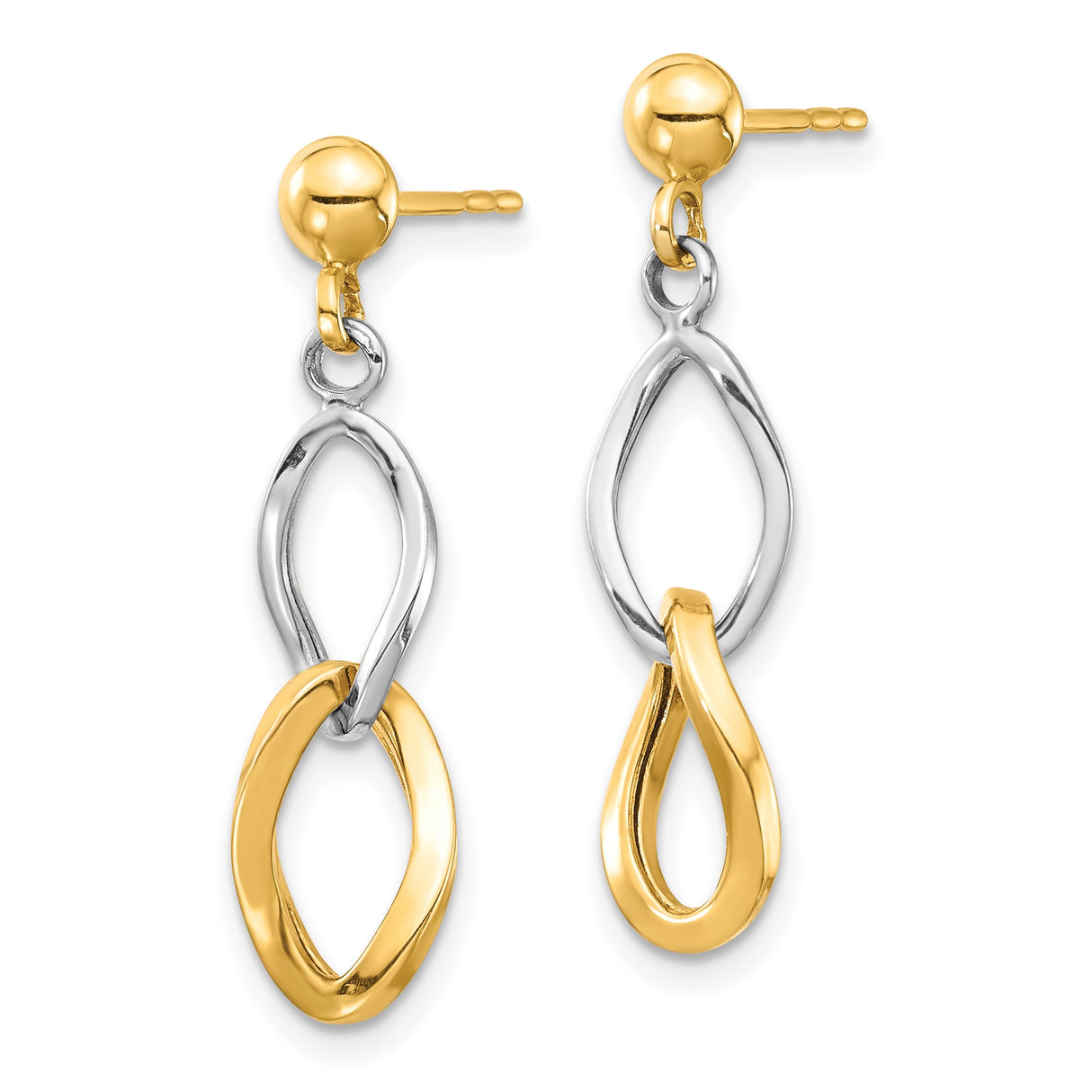 14k Two-Tone Gold Dangle Earrings with Interlocking Twisted Loops, Abstract Drop Design for Women