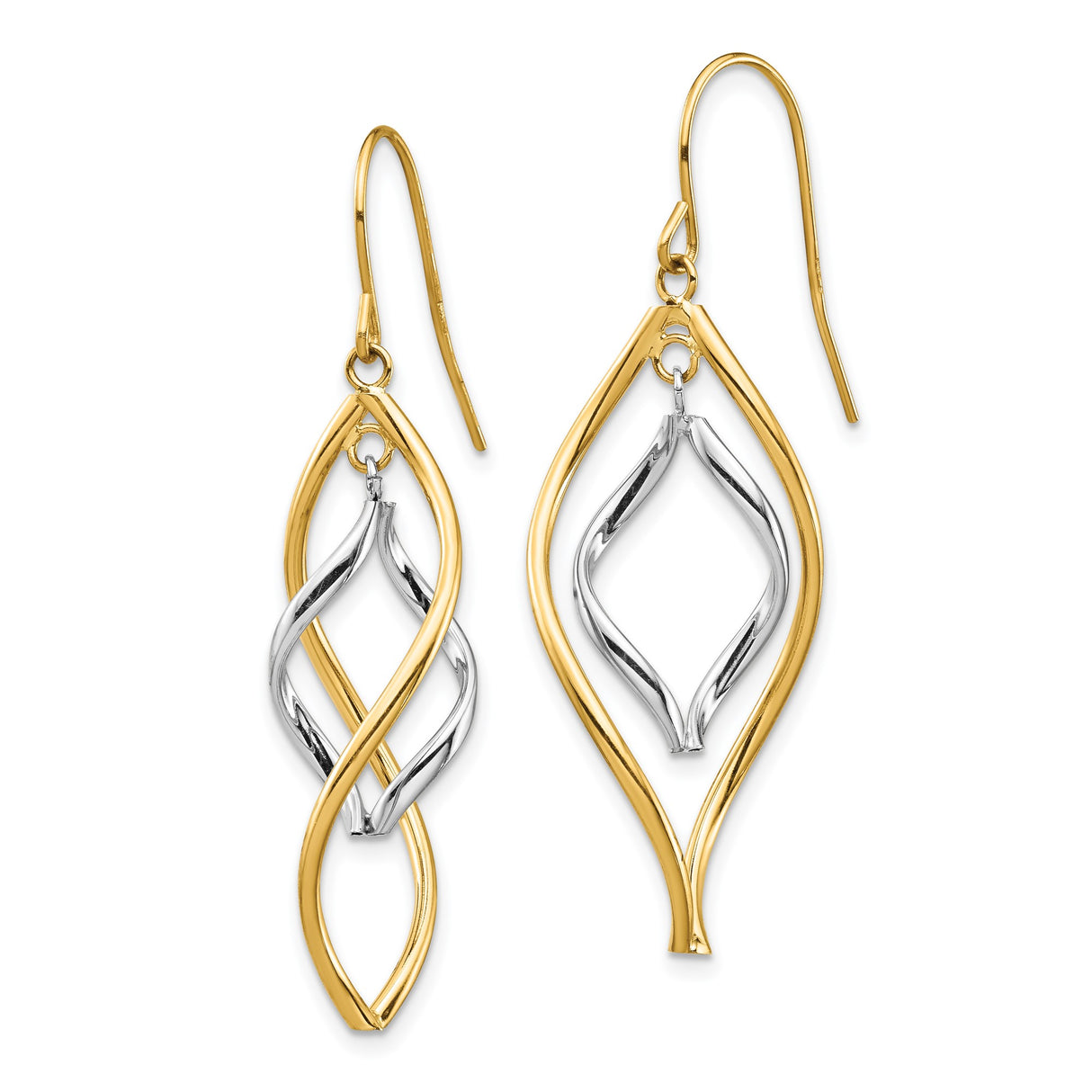 14k Yellow Gold Dangle Earrings, Two-Tone Twisted Marquise Drop Style for Women