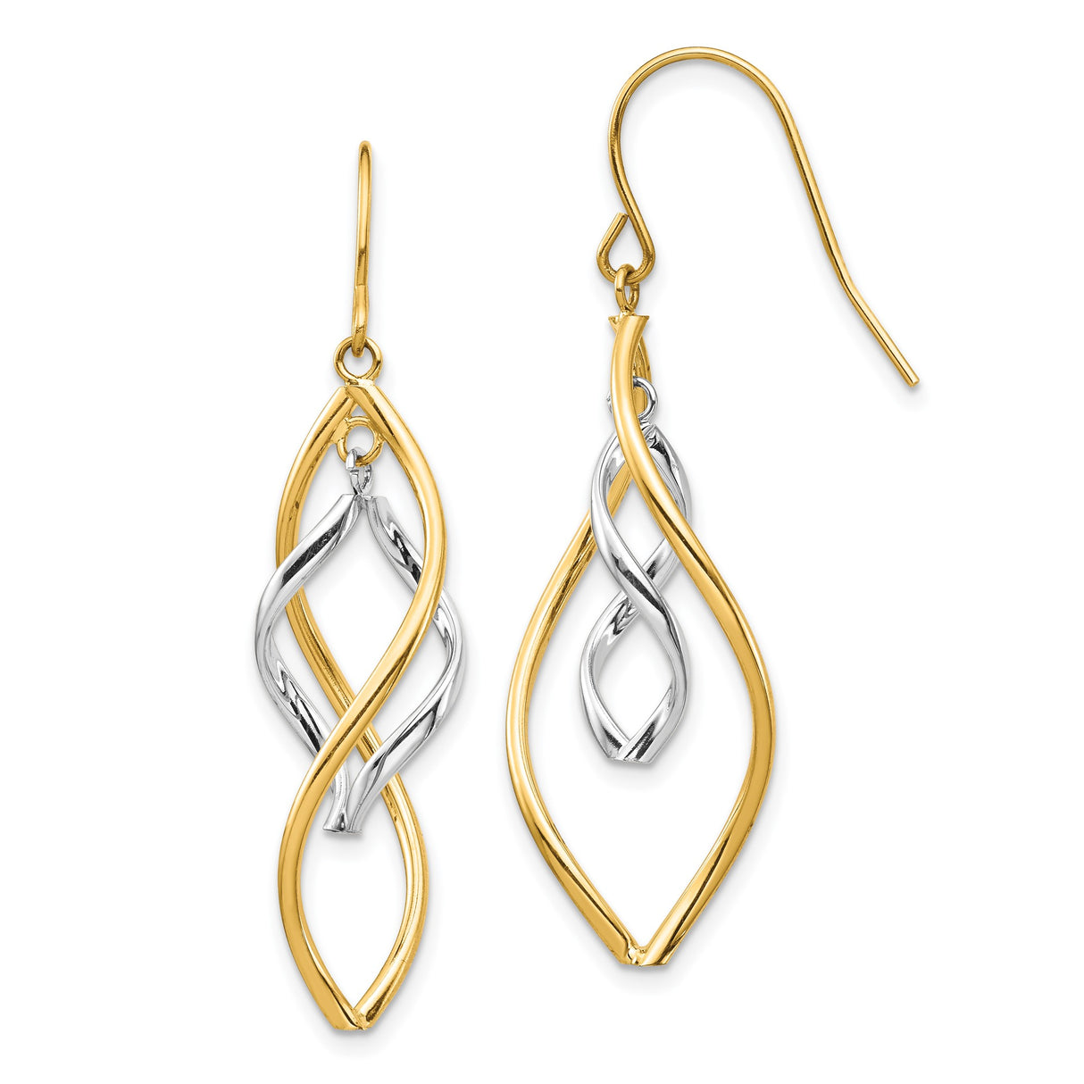 14k Yellow Gold Dangle Earrings, Two-Tone Twisted Marquise Drop Style for Women
