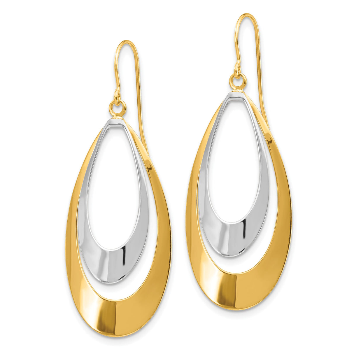 14k Two-Tone Gold Dangle Earrings with Open Teardrop Design, Lightweight and Modern Style