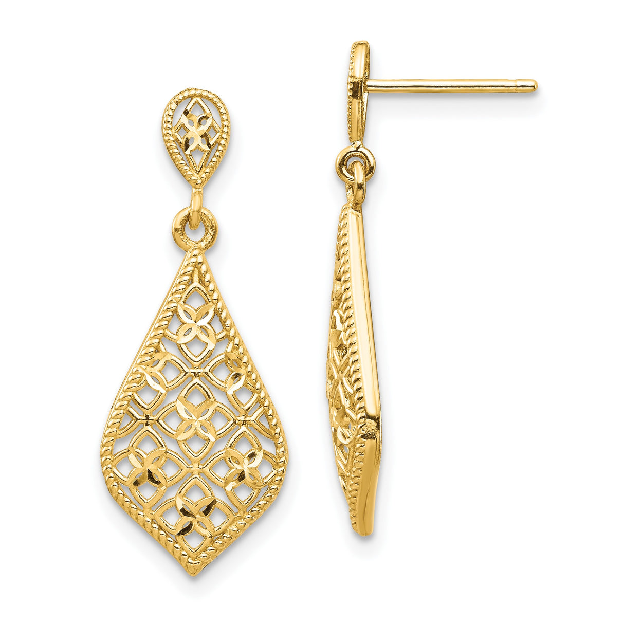 14k Yellow Gold Dangle Drop Earrings with Filigree Lattice and Floral Accents