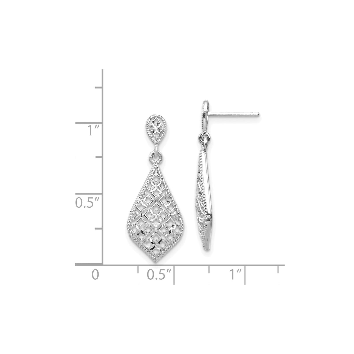 14k White Gold Dangle Earrings with Floral Filigree Drop and Vintage Lattice Design