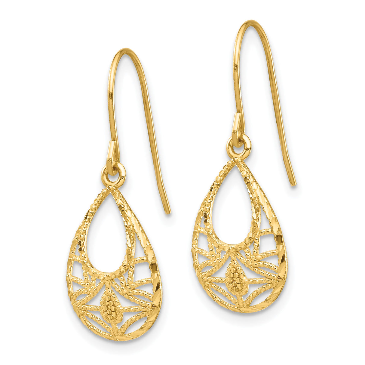 14k Yellow Gold Dangle Earrings with Open Teardrop and Filigree Floral Design