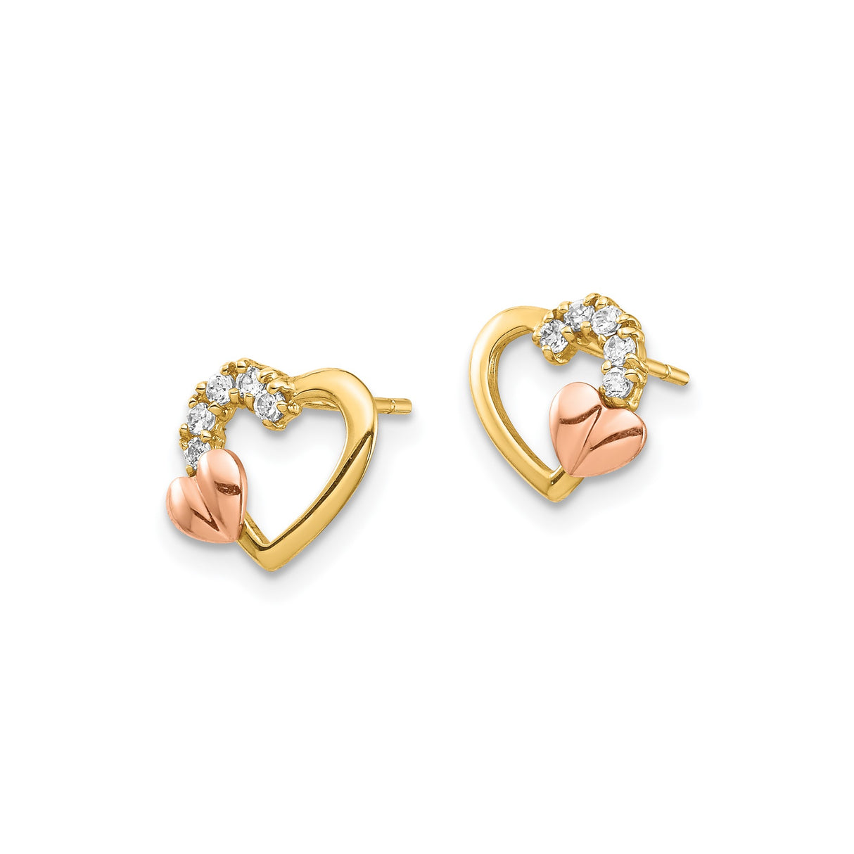 14k Two-Tone Gold Heart Stud Earrings with Cubic Zirconia, Open Heart Design for Women