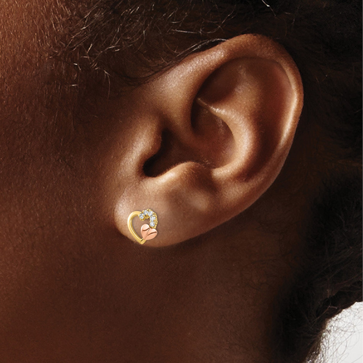 14k Two-Tone Gold Heart Stud Earrings with Cubic Zirconia, Open Heart Design for Women