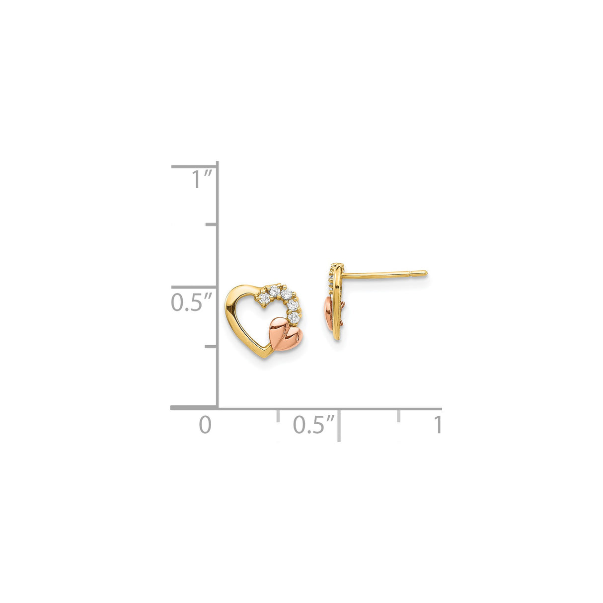 14k Two-Tone Gold Heart Stud Earrings with Cubic Zirconia, Open Heart Design for Women