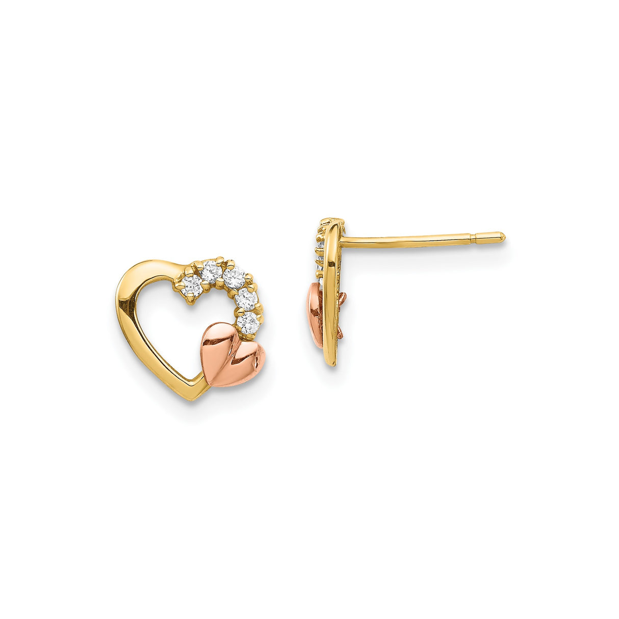 14k Two-Tone Gold Heart Stud Earrings with Cubic Zirconia, Open Heart Design for Women