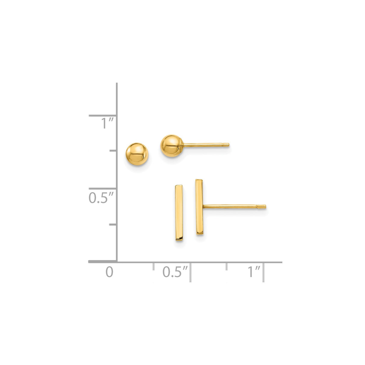 14k Yellow Gold Stud Earrings with Minimalist Bar and Ball Design, Lightweight Unisex Style