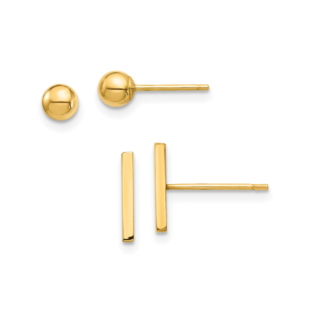 14k Yellow Gold Stud Earrings with Minimalist Bar and Ball Design, Lightweight Unisex Style