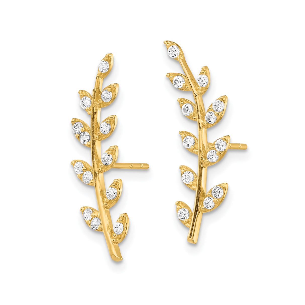 14k Yellow Gold Leaf Climber Earrings with Cubic Zirconia, Vine Motif Botanical Style