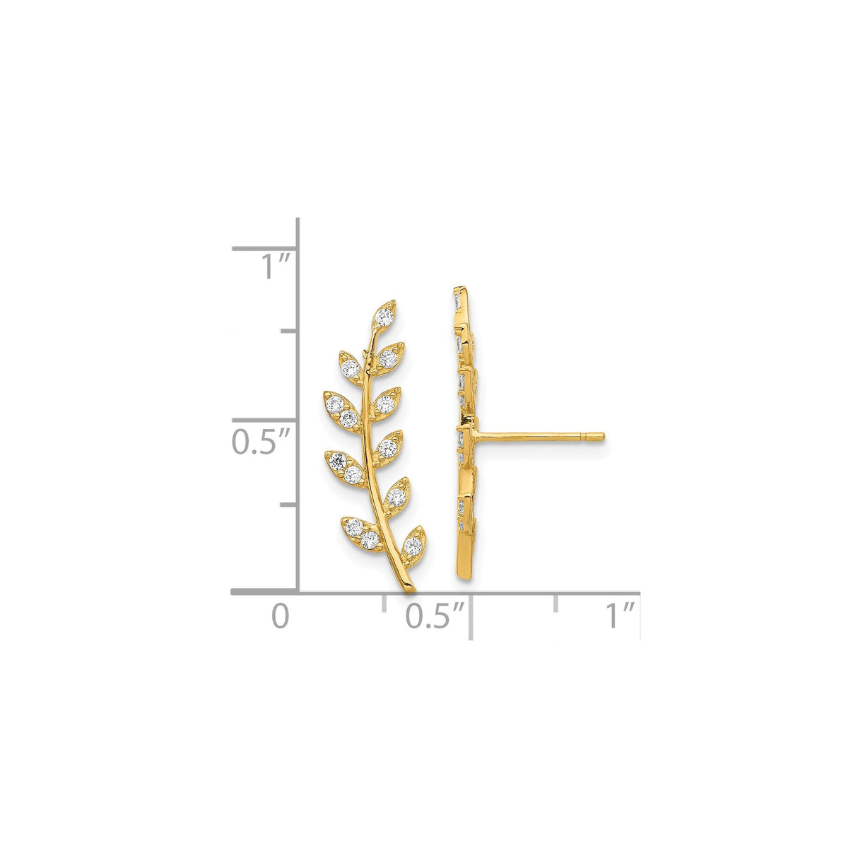 14k Yellow Gold Leaf Climber Earrings with Cubic Zirconia, Vine Motif Botanical Style