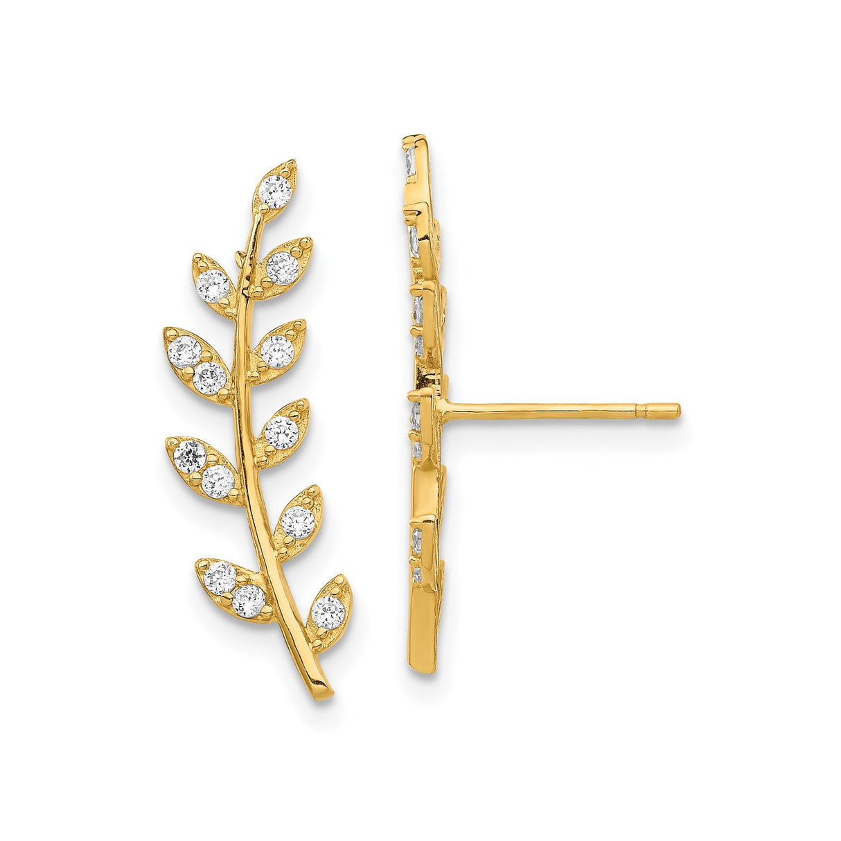 14k Yellow Gold Leaf Climber Earrings with Cubic Zirconia, Vine Motif Botanical Style