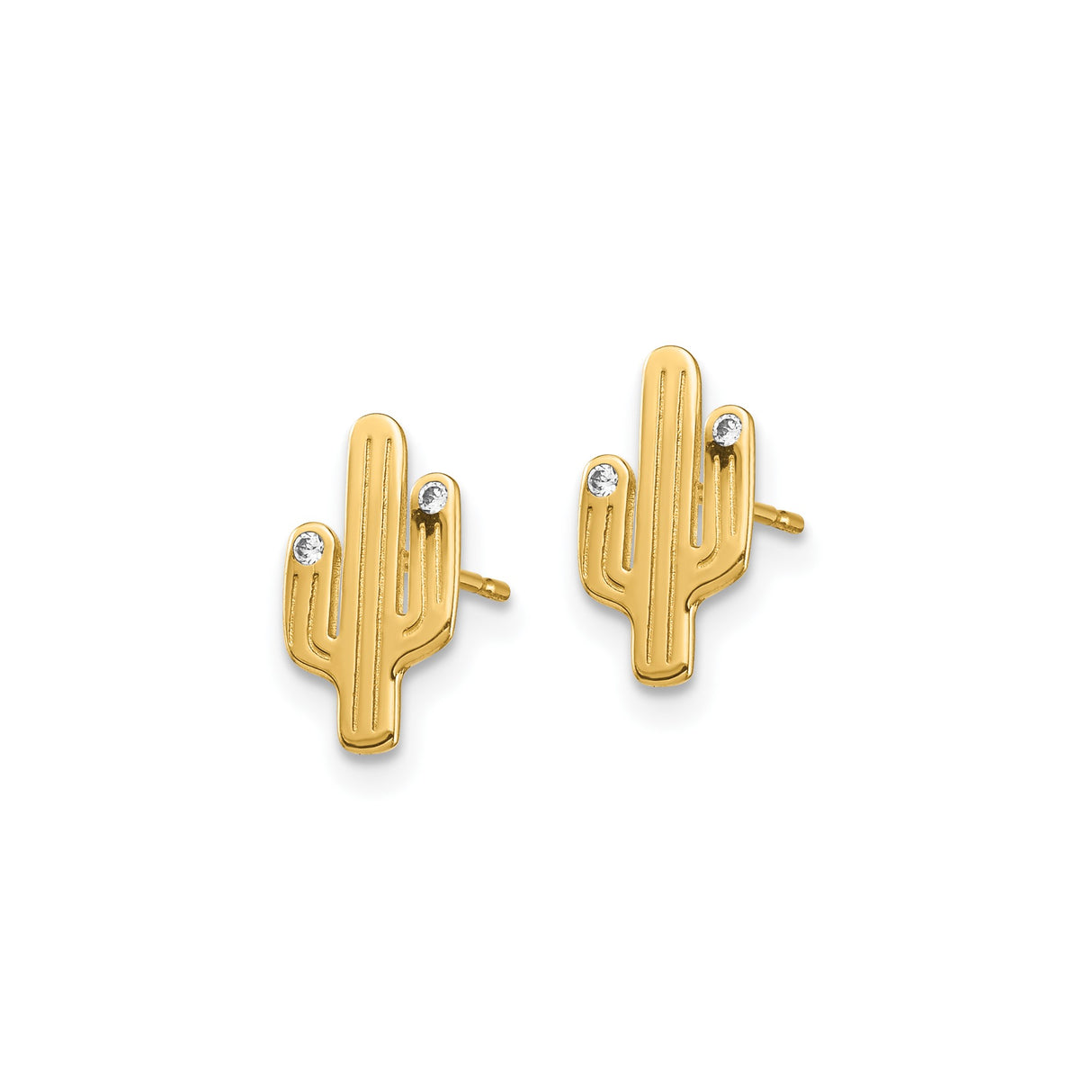 14k Yellow Gold Cactus Stud Earrings with Cubic Zirconia, Minimalist Desert Boho Style for Women
