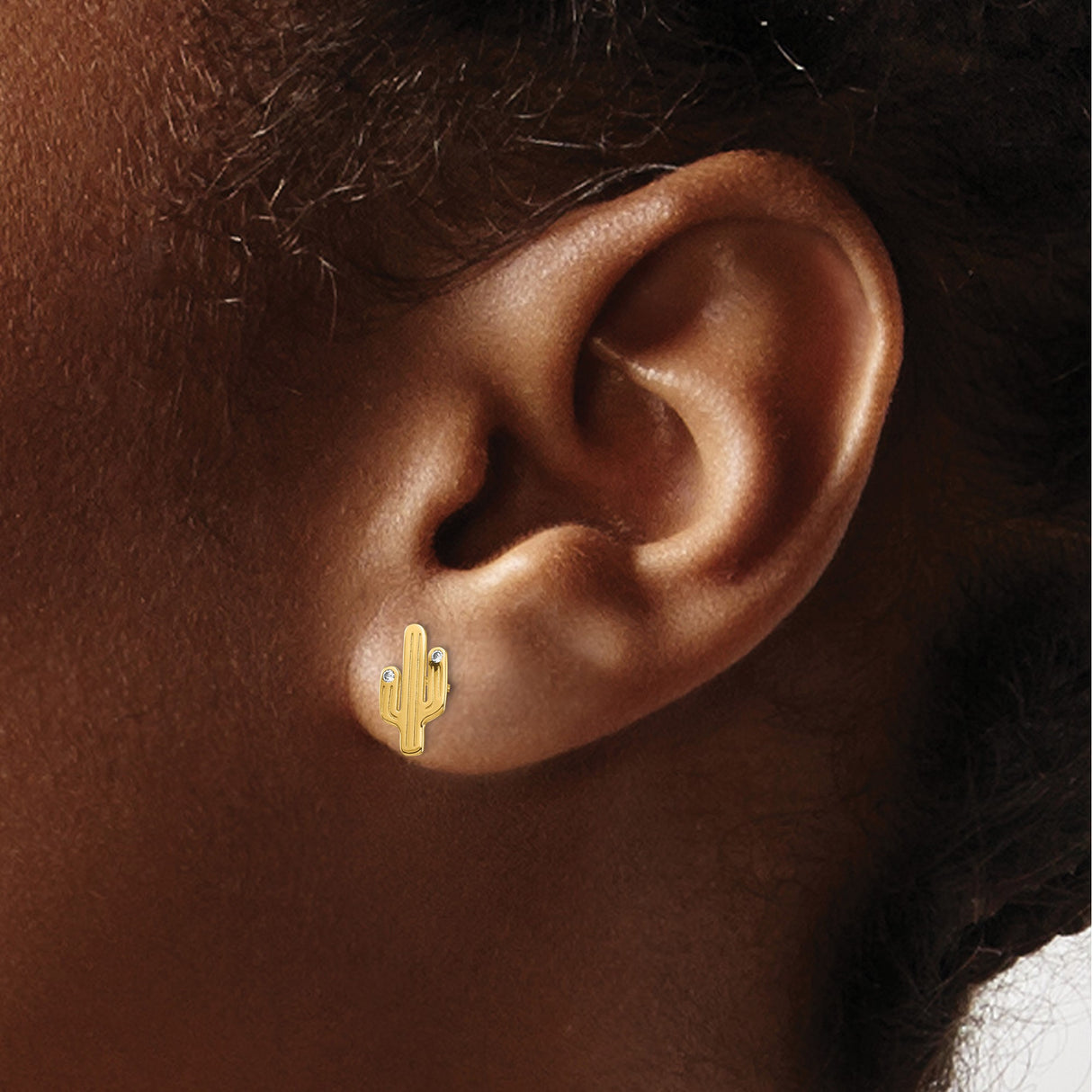 14k Yellow Gold Cactus Stud Earrings with Cubic Zirconia, Minimalist Desert Boho Style for Women