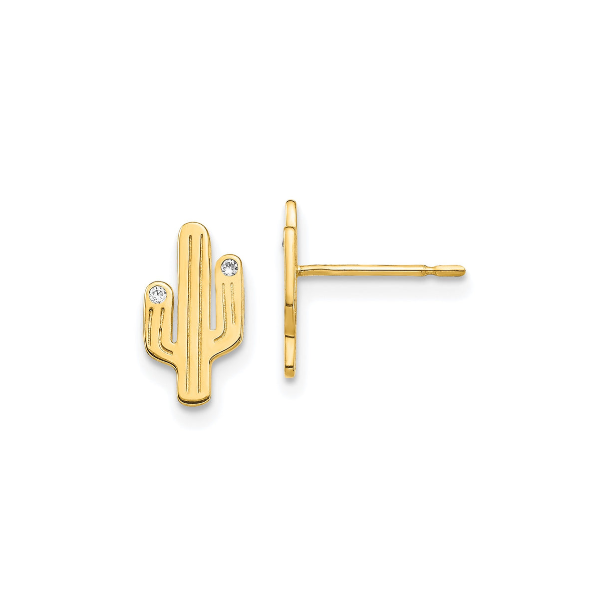 14k Yellow Gold Cactus Stud Earrings with Cubic Zirconia, Minimalist Desert Boho Style for Women