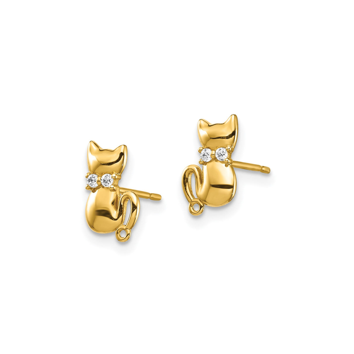 14k Yellow Gold Cat Stud Earrings with Cubic Zirconia Accents, Animal Theme Design