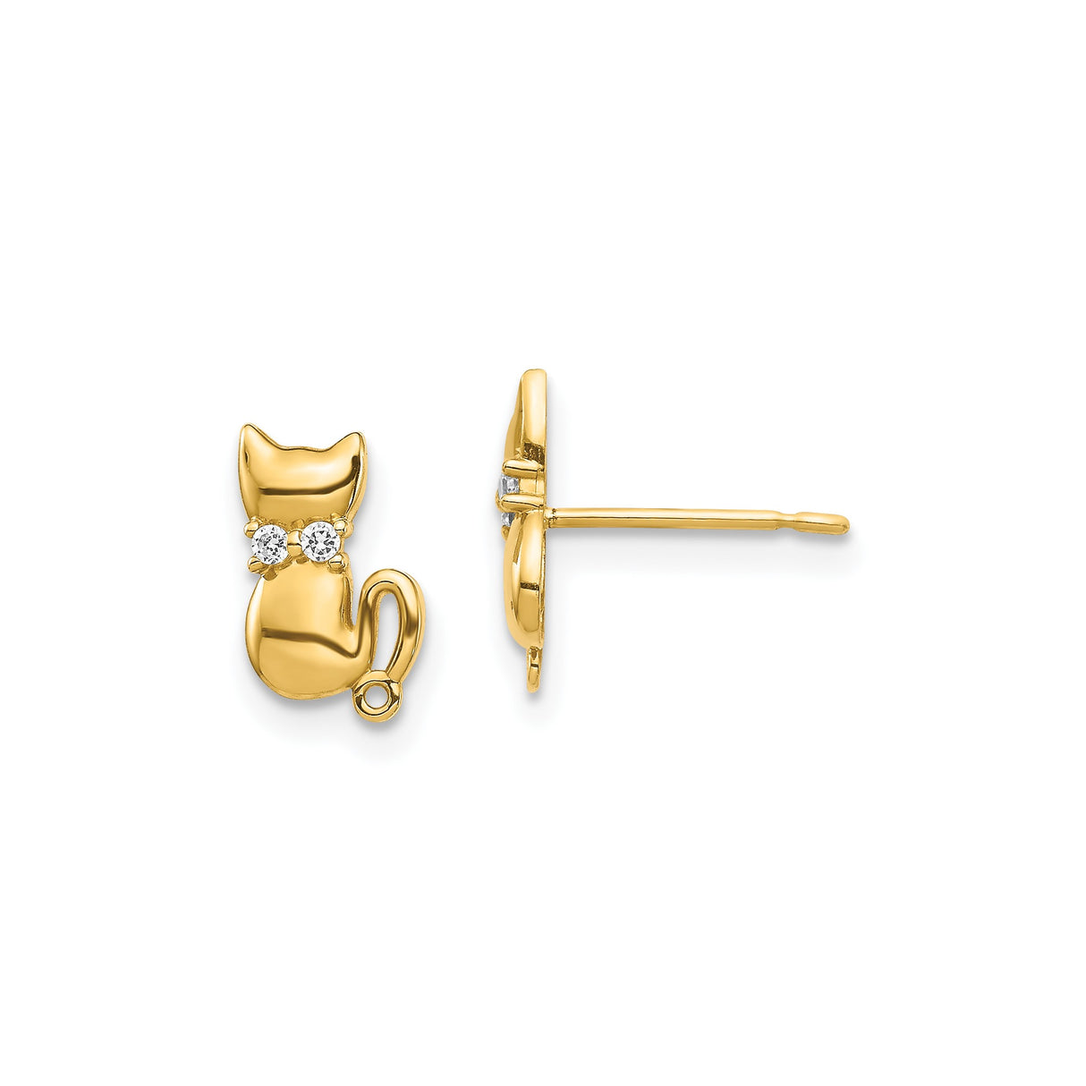 14k Yellow Gold Cat Stud Earrings with Cubic Zirconia Accents, Animal Theme Design