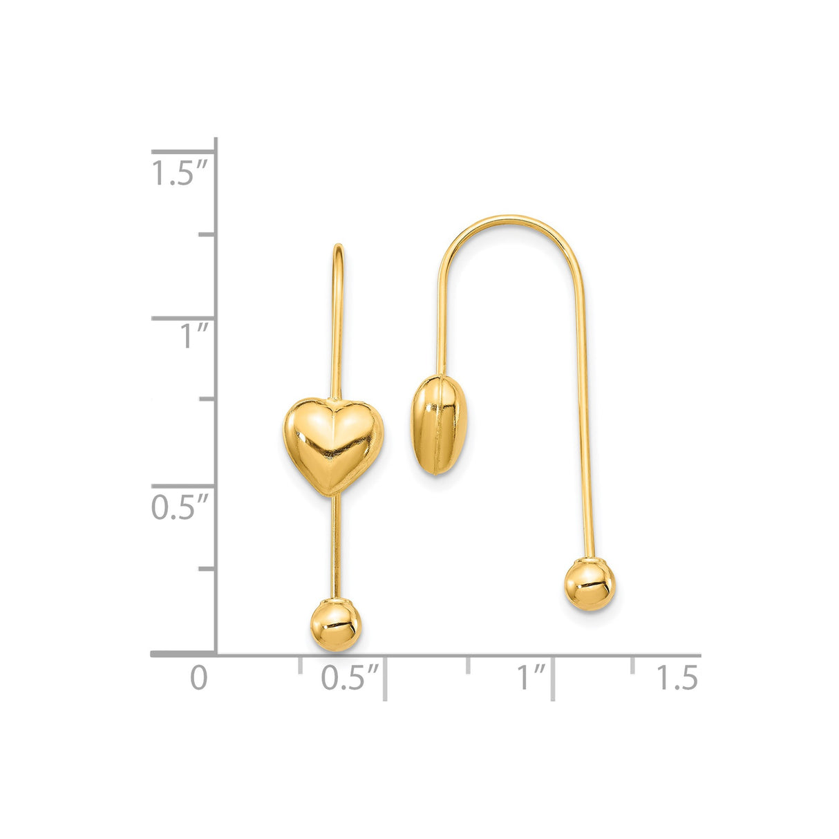 14k Yellow Gold Dangle Earrings with Puffed Heart and Oval Bead Drop Design