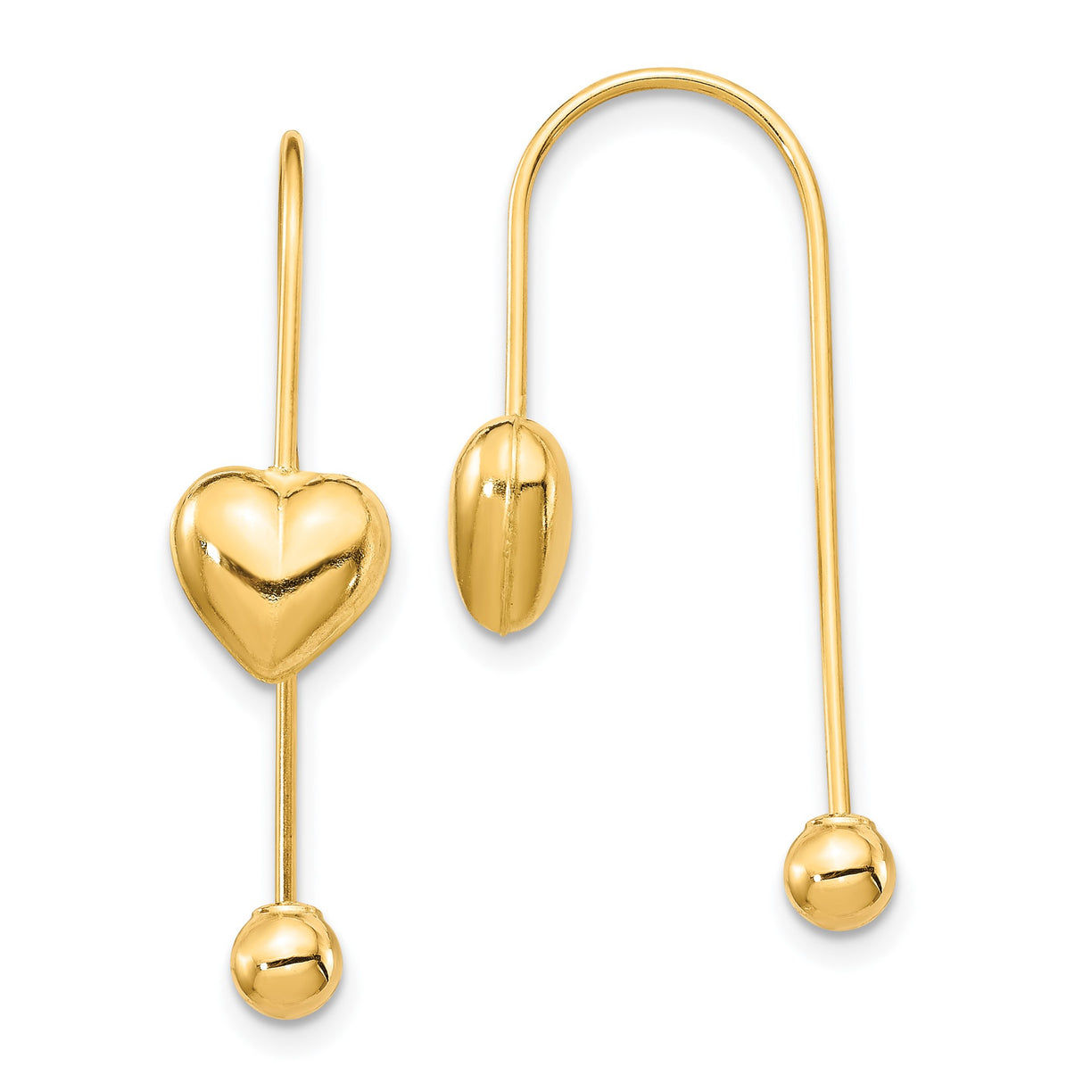 14k Yellow Gold Dangle Earrings with Puffed Heart and Oval Bead Drop Design