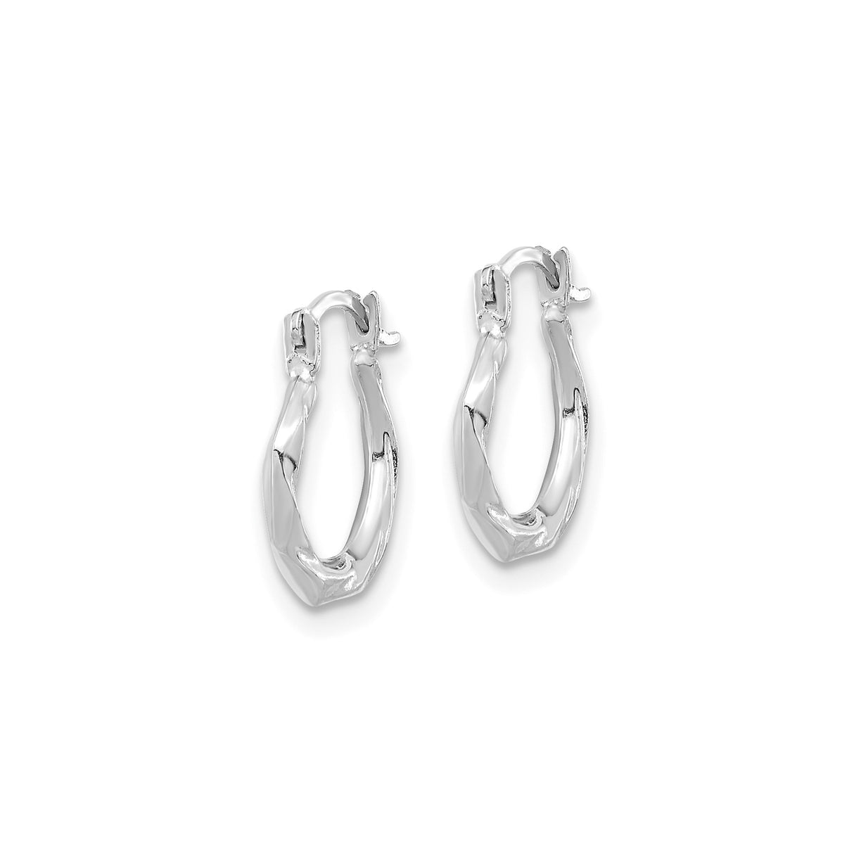 14k White Gold Twisted Hoop Earrings with Faceted Design, Lightweight Modern Style