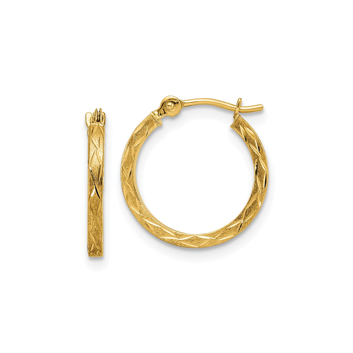 14k Yellow Gold Hoop Earrings, Diamond-Cut Textured with Polished and Satin Finish