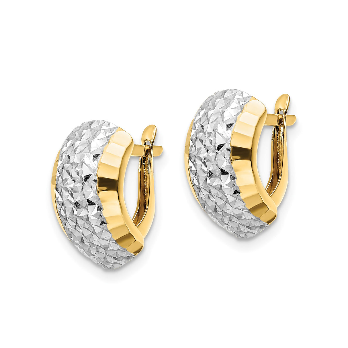 14k Yellow Gold Hoop Earrings, Two Tone Rhodium Textured Diamond Cut Huggie Style