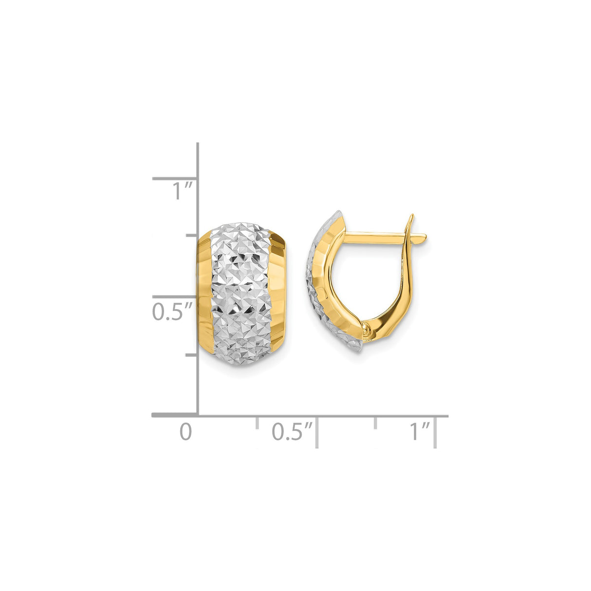 14k Yellow Gold Hoop Earrings, Two Tone Rhodium Textured Diamond Cut Huggie Style