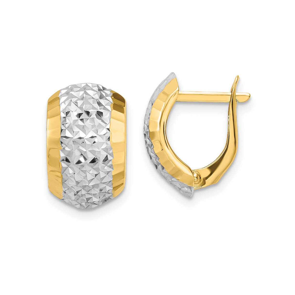 14k Yellow Gold Hoop Earrings, Two Tone Rhodium Textured Diamond Cut Huggie Style