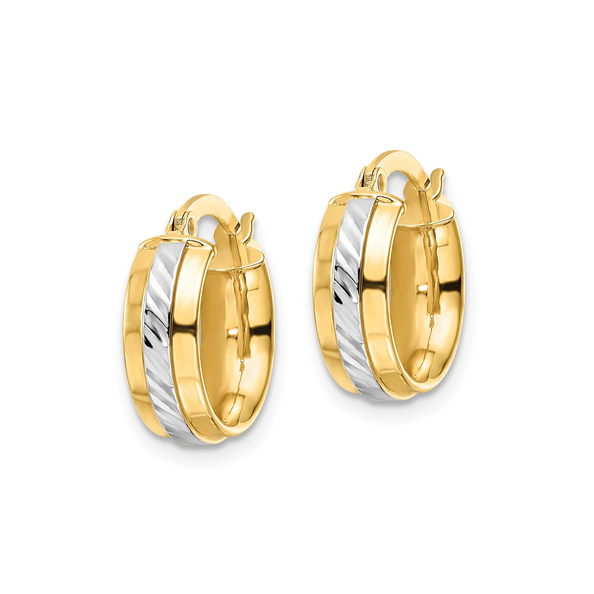 14k Yellow Gold Hoop Earrings with Rhodium Stripe, Polished and Textured Finish, Modern Style
