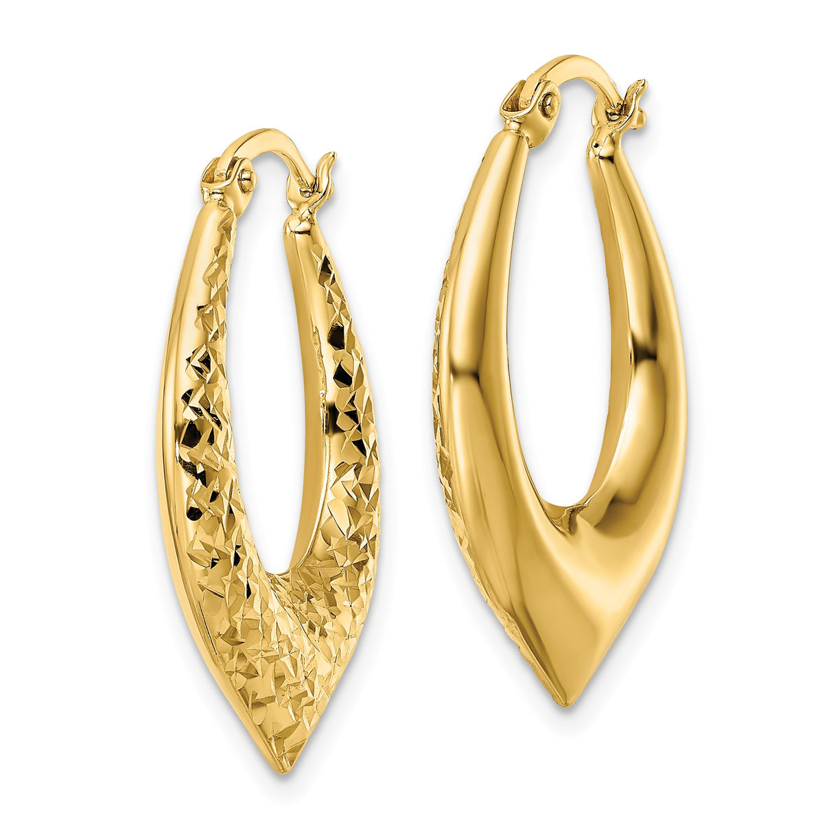 14k Yellow Gold Teardrop Hoop Earrings, Textured Diamond Cut Modern Design
