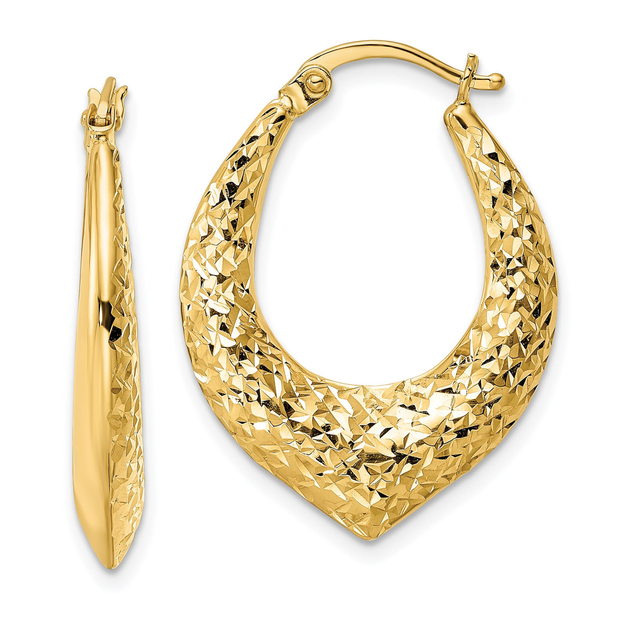 14k Yellow Gold Teardrop Hoop Earrings, Textured Diamond Cut Modern Design