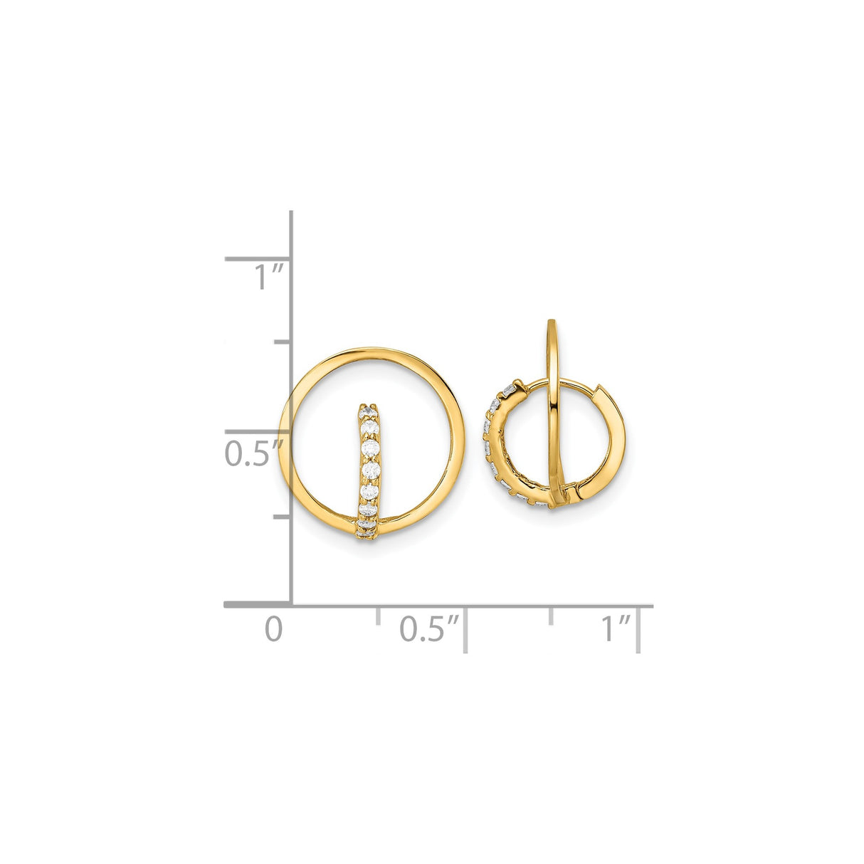14k Yellow Gold Drop Earrings with Cubic Zirconia, Circle and Pavé Bar Design, Modern Geometric Style
