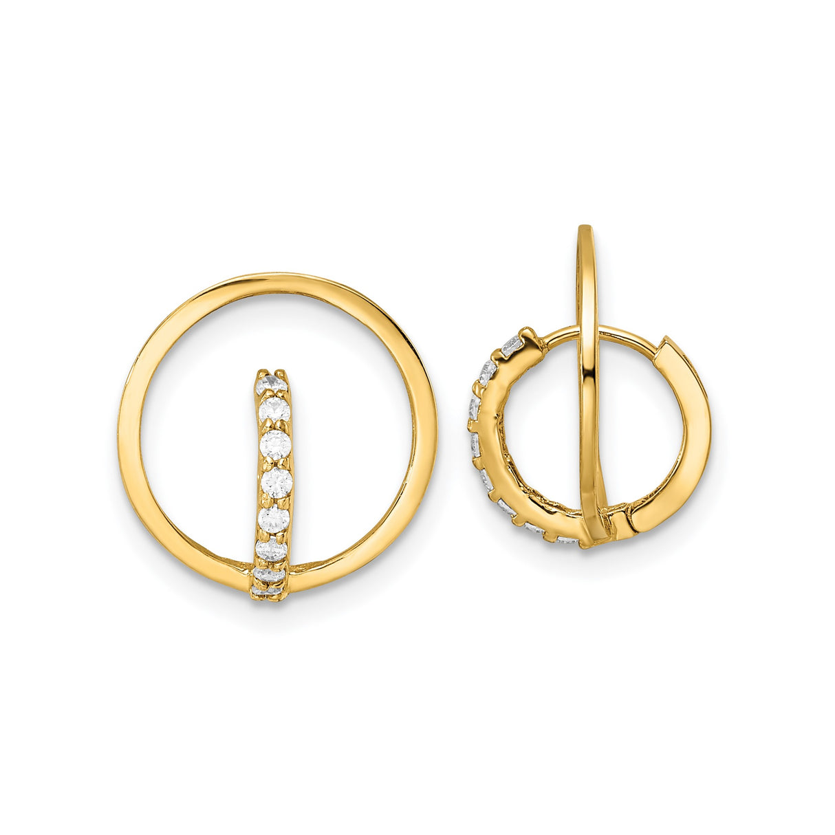 14k Yellow Gold Drop Earrings with Cubic Zirconia, Circle and Pavé Bar Design, Modern Geometric Style