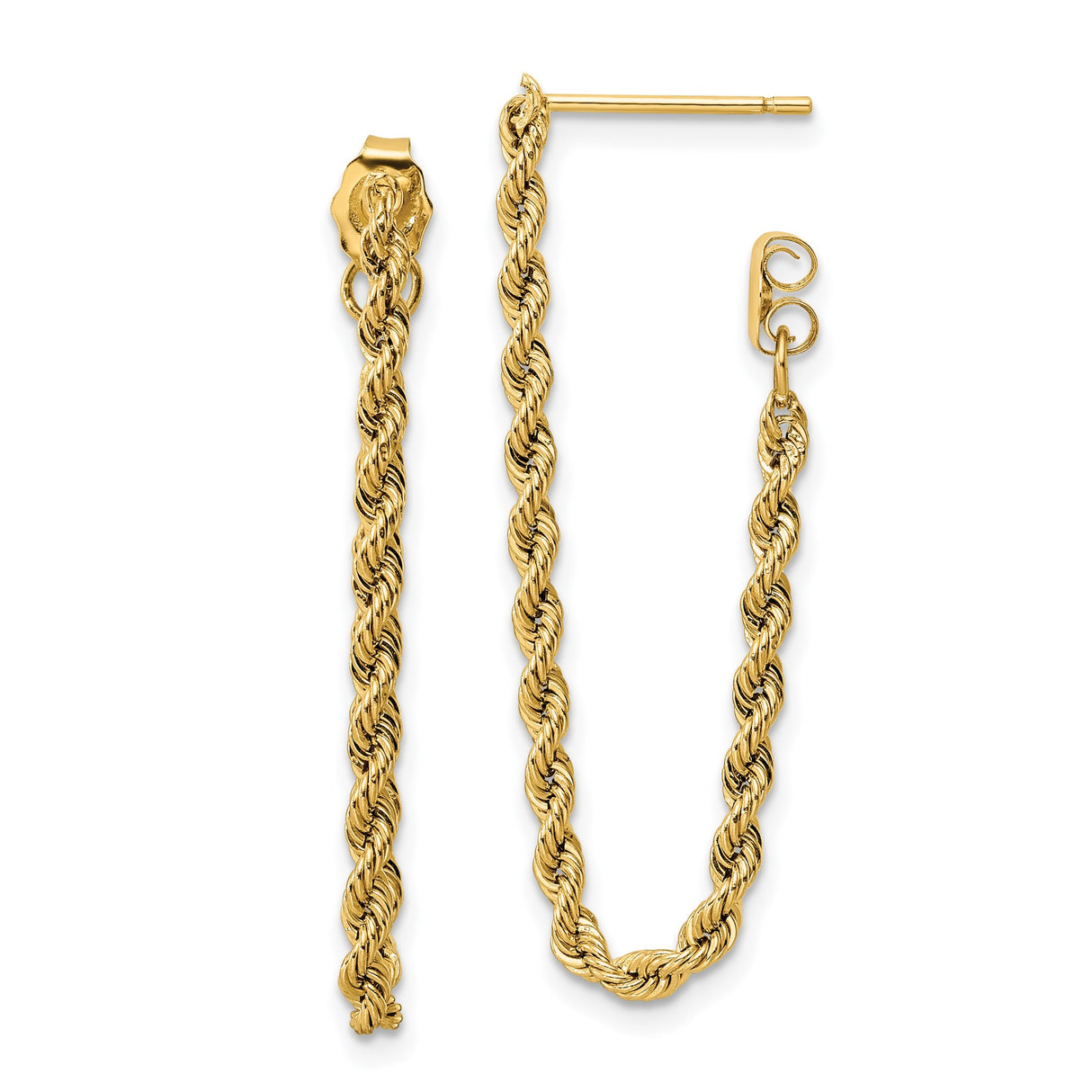 14k Yellow Gold Rope Chain Drop Earrings with Twisted Design, Polished Finish for Women