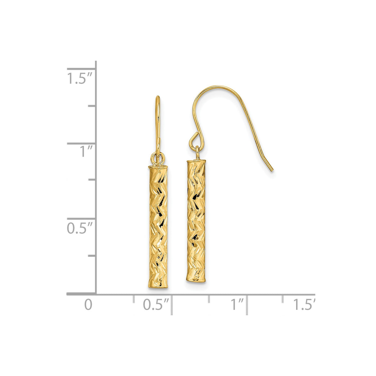 14k Yellow Gold Dangle Earrings, Diamond Cut Tube Drop, Polished and Textured Finish