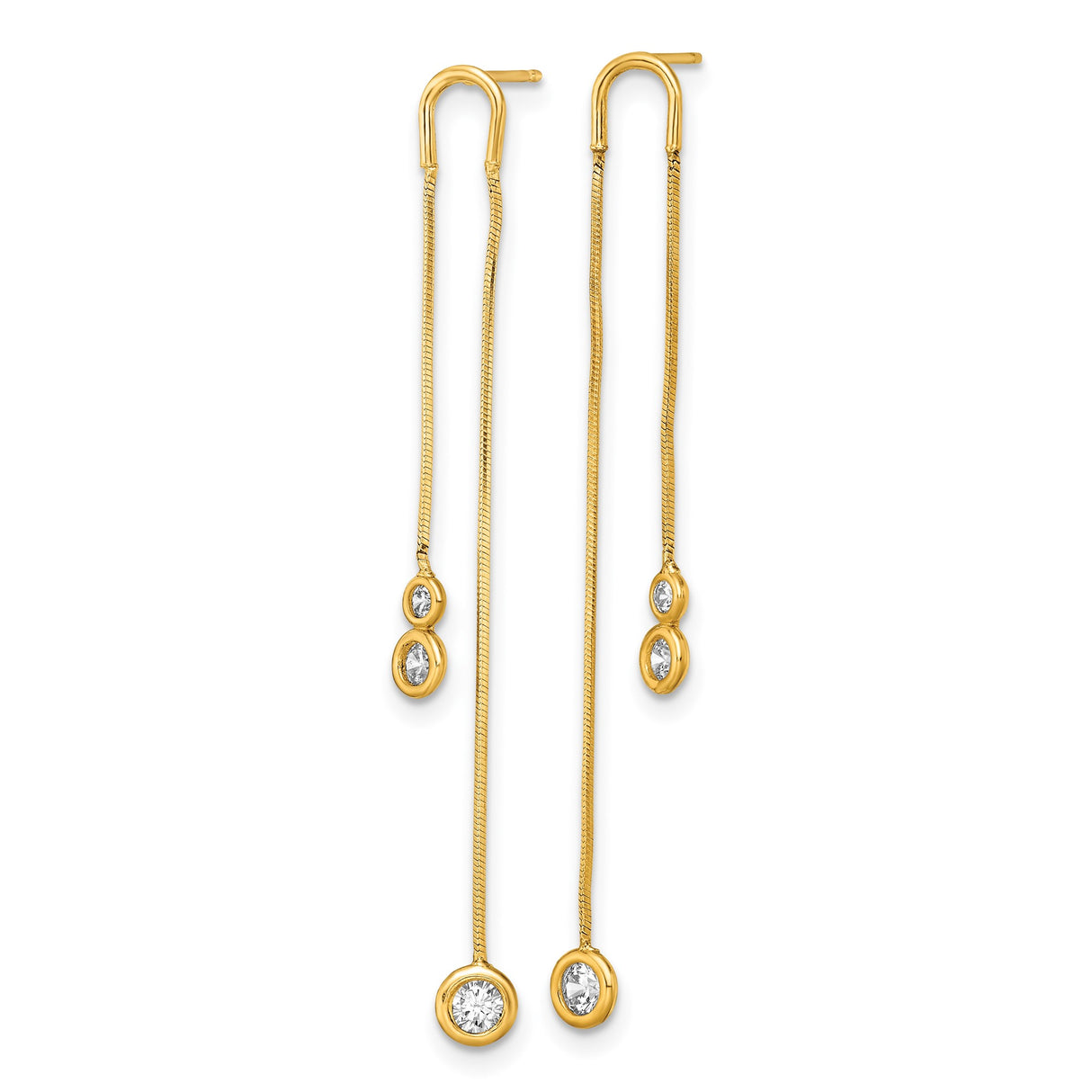 14k Yellow Gold Threader Earrings with Cubic Zirconia, Minimalist Linear Drop Design
