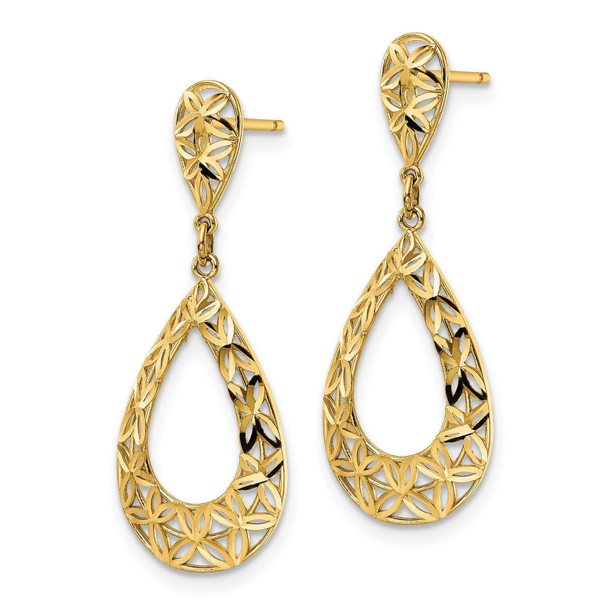 14k Yellow Gold Dangle Earrings with Open Teardrop and Floral Lattice Design