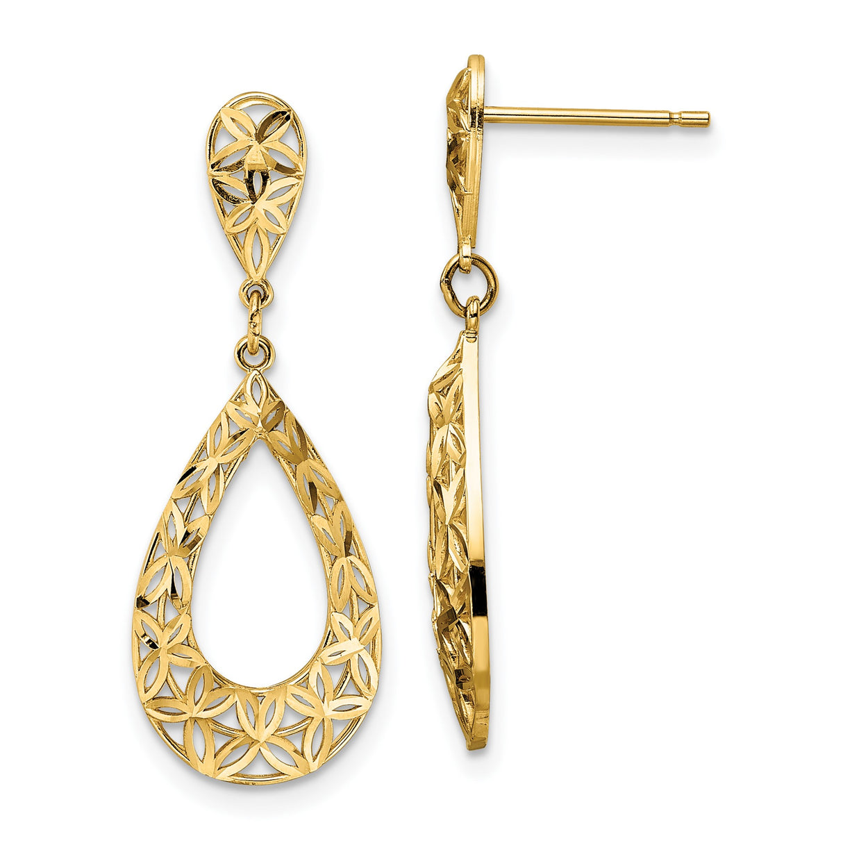 14k Yellow Gold Dangle Earrings with Open Teardrop and Floral Lattice Design