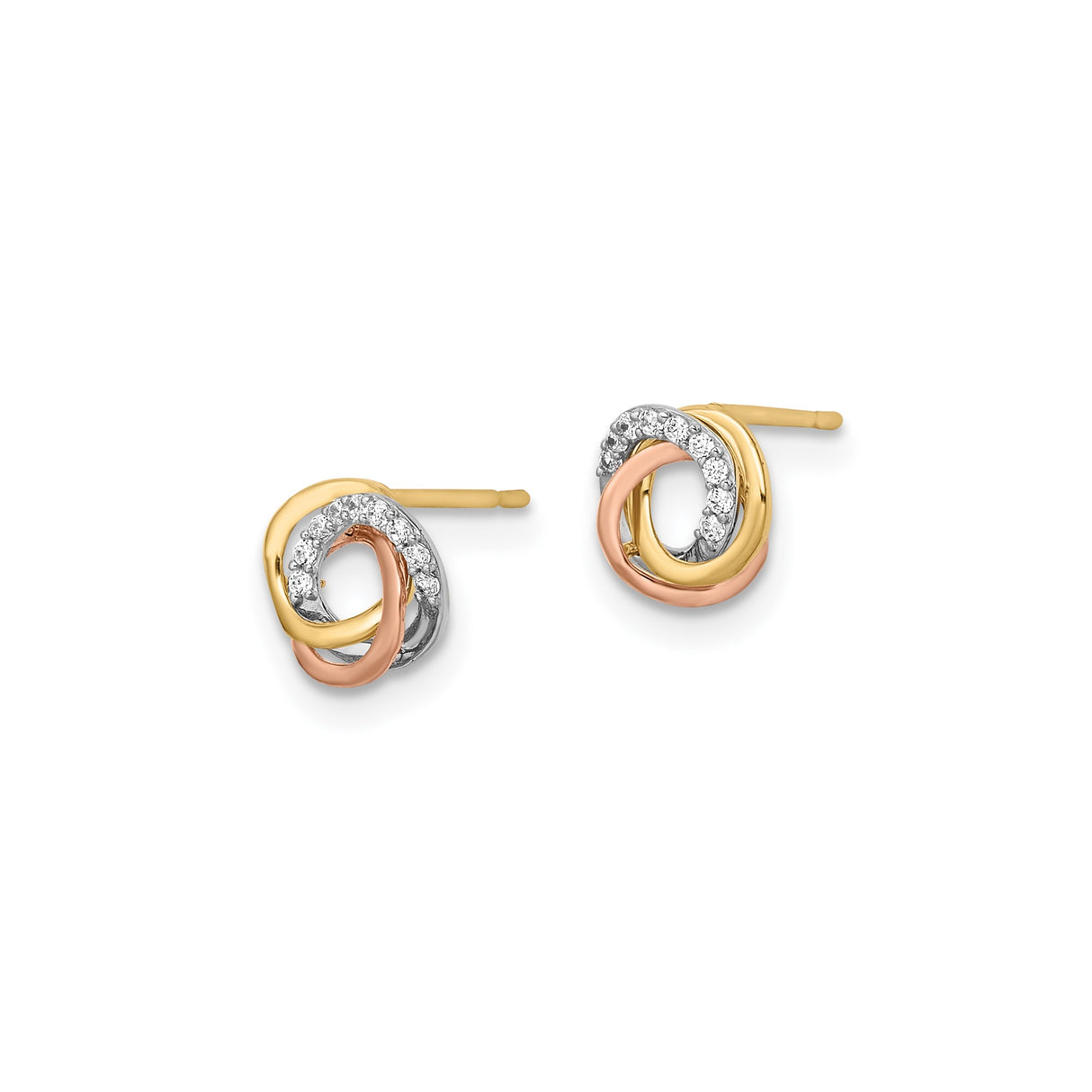 14k Tri-Color Gold Knot Stud Earrings with Cubic Zirconia Accents for Women