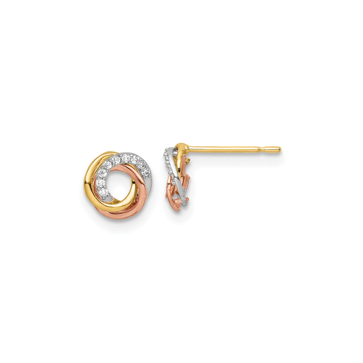 14k Tri-Color Gold Knot Stud Earrings with Cubic Zirconia Accents for Women