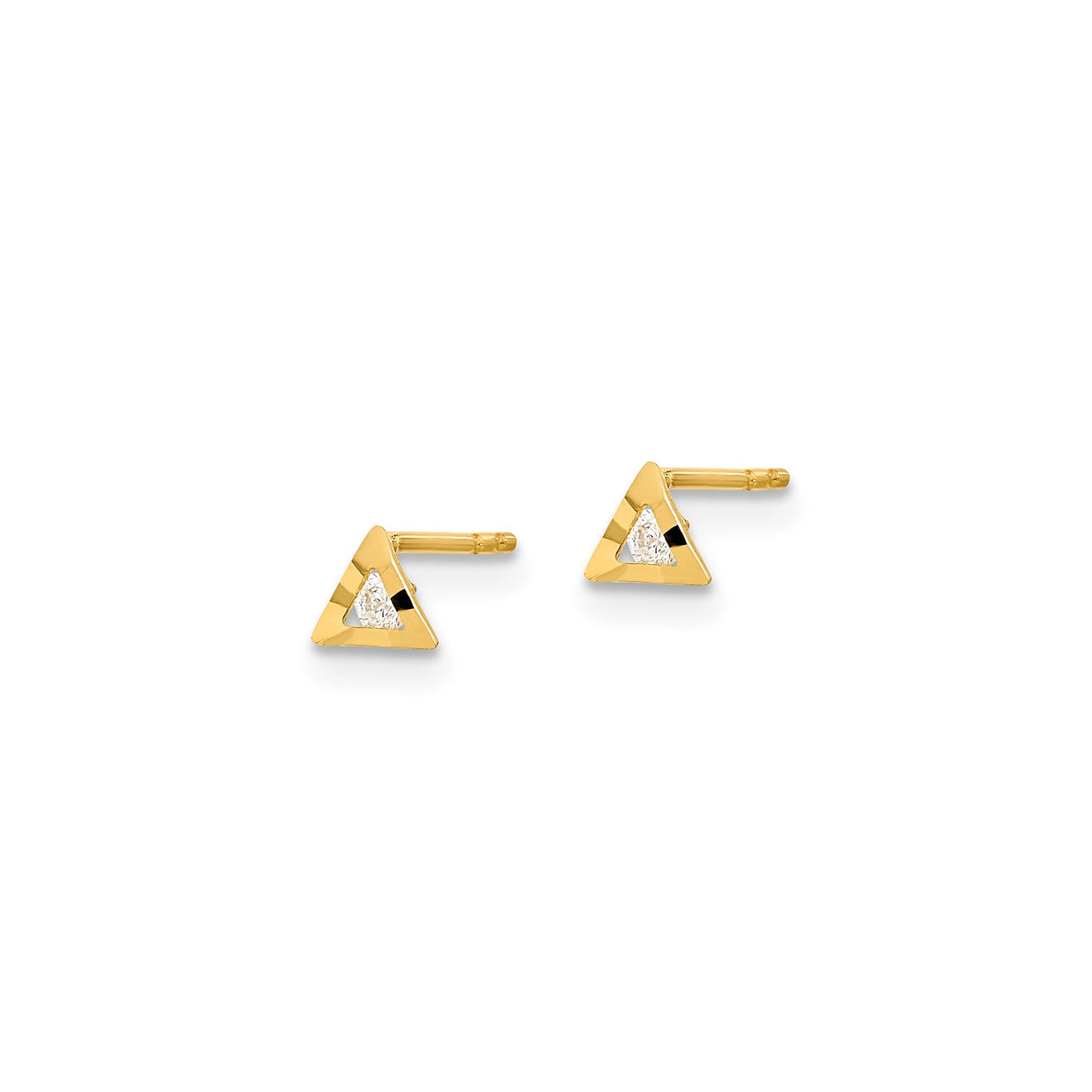 14k Yellow Gold Stud Earrings with Cubic Zirconia, Triangle Bezel Set, Minimalist Geometric Style