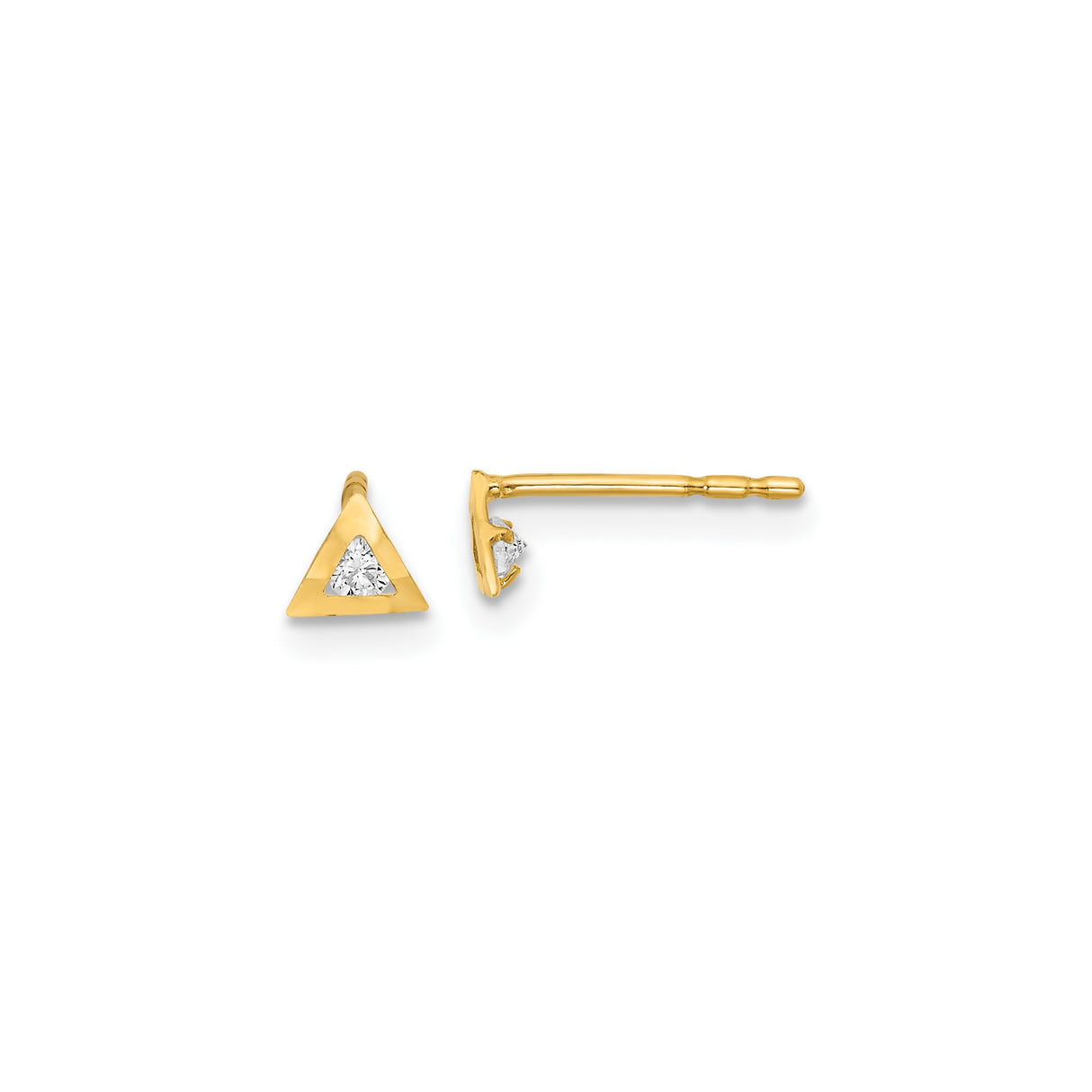14k Yellow Gold Stud Earrings with Cubic Zirconia, Triangle Bezel Set, Minimalist Geometric Style