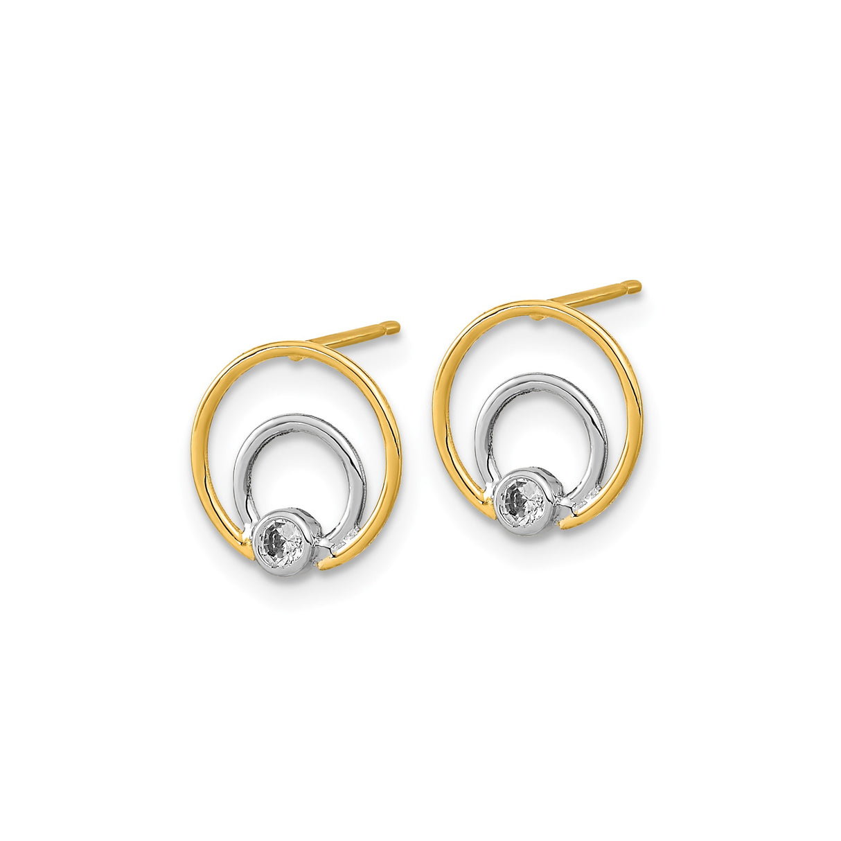14k Yellow Gold Stud Earrings with Cubic Zirconia, Double Circle Two-Tone Geometric Design